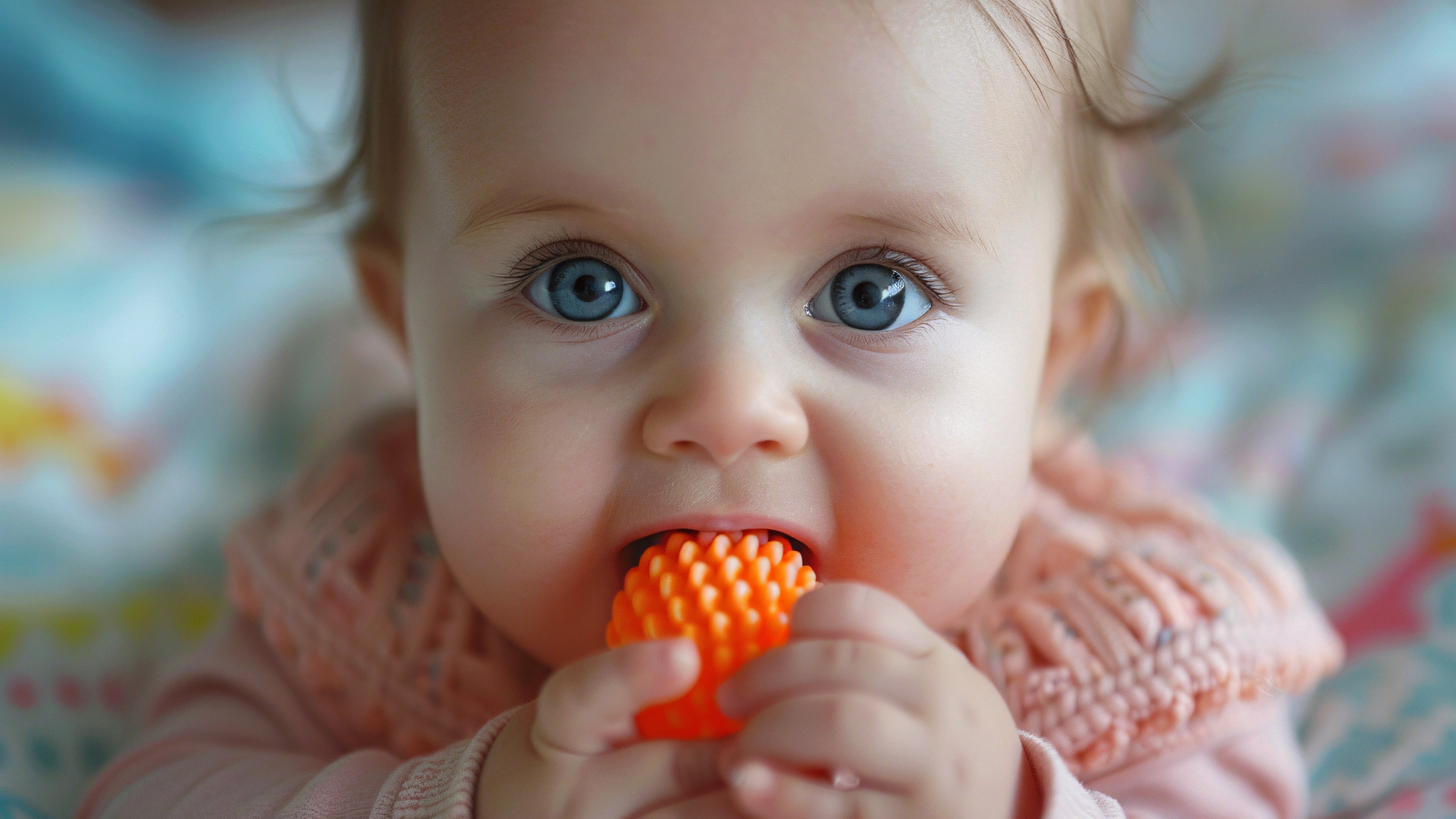 Baby schaut direkt in die Kamera und nuckelt an einem Spielzeug